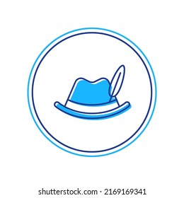 Filled outline Oktoberfest hat icon isolated on white background. Hunter hat with feather. German hat.  Vector