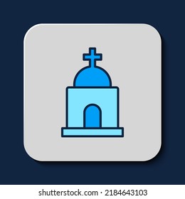 Esquema relleno Icono de cripta antigua aislado en fondo azul. Símbolo del cementerio. Ossuario o cripto para el entierro del fallecido.  Vector