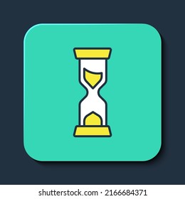 Filled outline Old hourglass with flowing sand icon isolated on blue background. Sand clock sign. Business and time management concept. Turquoise square button. Vector