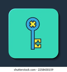 Filled outline Old key icon isolated on blue background. Turquoise square button. Vector