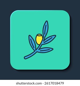 Filled outline Olives branch icon isolated on blue background. Turquoise square button. Vector