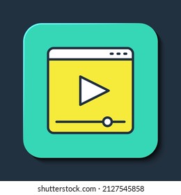 Filled outline Online play video icon isolated on blue background. Film strip with play sign. Turquoise square button. Vector