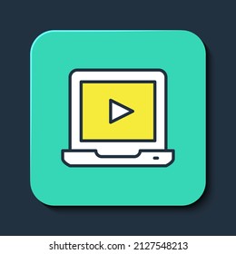 Filled outline Online play video icon isolated on blue background. Laptop and film strip with play sign. Turquoise square button. Vector