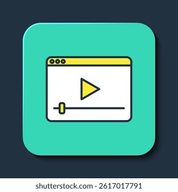 Filled outline Online play video icon isolated on blue background. Film strip with play sign. Turquoise square button. Vector