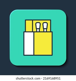 Filled outline Open matchbox and matches icon isolated on blue background. Turquoise square button. Vector