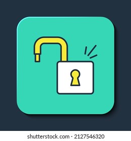 Filled outline Open padlock icon isolated on blue background. Opened lock sign. Cyber security concept. Digital data protection. Turquoise square button. Vector