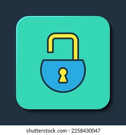 Esquema relleno Icono de candado abierto aislado en fondo azul. Signo de bloqueo abierto. Concepto de ciberseguridad. Protección digital de datos. Botón cuadrado turquesa. Vector