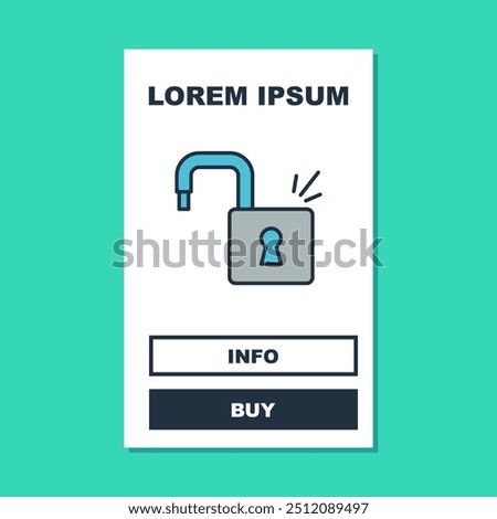 Filled outline Open padlock icon isolated on turquoise background. Opened lock sign. Cyber security concept. Digital data protection.  Vector