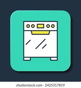 Filled outline Oven icon isolated on blue background. Stove gas oven sign. Turquoise square button. Vector