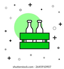 Filled outline Pack of beer bottles icon isolated on white background. Wooden box and beer bottles. Case crate beer box sign.  Vector