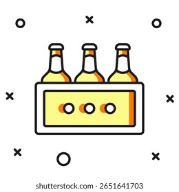 Filled outline Pack of beer bottles icon isolated on white background. Wooden box and beer bottles. Case crate beer box sign. Flat filled outline style with shadow. Vector