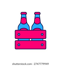 Filled outline Pack of beer bottles icon isolated on white background. Wooden box and beer bottles. Case crate beer box sign.  Vector