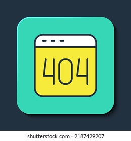 Filled outline Page with a 404 error icon isolated on blue background. Template reports that the page is not found. Turquoise square button. Vector