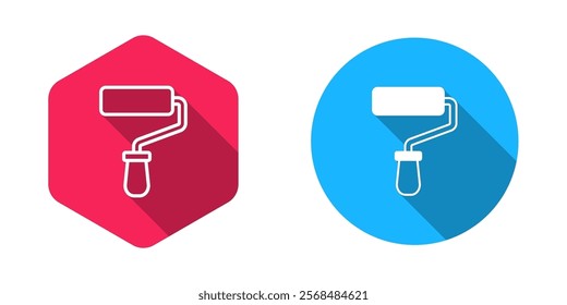 Filled and outline Paint roller brush icon isolated with long shadow background.  Vector