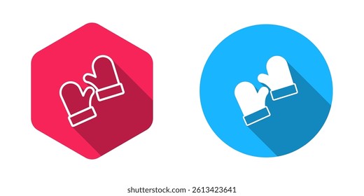Filled and outline Pair of knitted christmas mittens icon isolated with long shadow background. Mitten icon. Merry Christmas and Happy New Year.  Vector