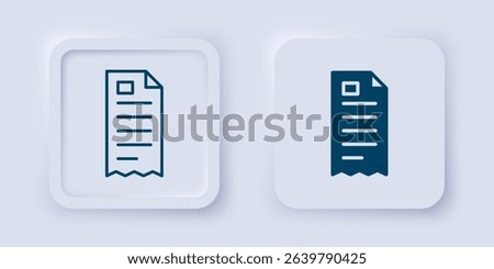 Filled and outline Paper check and financial check icon isolated on grey background. Paper print check, shop receipt or bill. Square button. Vector