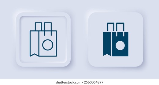 Filled and outline Paper shopping bag icon isolated on grey background. Package sign. Square button. Vector