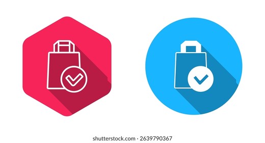 Filled and outline Paper shopping bag icon isolated with long shadow background. Package sign.  Vector