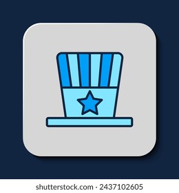 Filled outline Patriotic American top hat icon isolated on blue background. Uncle Sam hat. American hat independence day.  Vector