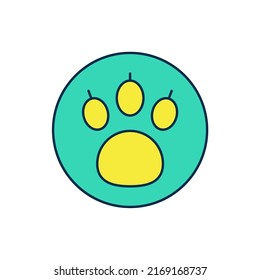 Filled outline Paw search icon isolated on white background. Magnifying glass with animal footprints.  Vector