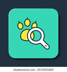 Esquema relleno Icono de búsqueda de patas aislado sobre fondo azul. Lupa con huellas de animales. Botón cuadrado turquesa. Vector