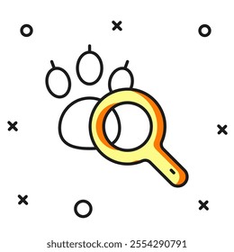 Filled outline Paw search icon isolated on white background. Magnifying glass with animal footprints. Flat filled outline style with shadow. Vector