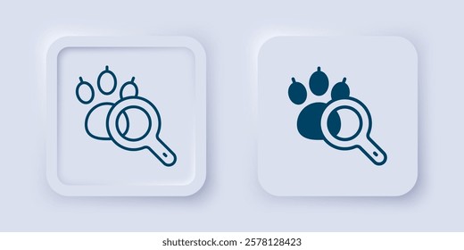 Filled and outline Paw search icon isolated on grey background. Magnifying glass with animal footprints. Square button. Vector