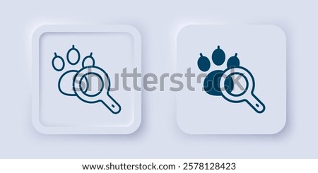 Filled and outline Paw search icon isolated on grey background. Magnifying glass with animal footprints. Square button. Vector