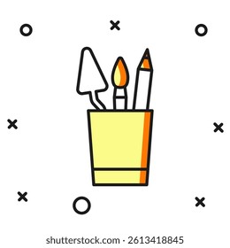 Filled outline Pencil case stationery icon isolated on white background. Pencil, pen, ruler in a glass for office. Flat filled outline style with shadow. Vector