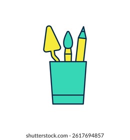 Filled outline Pencil case stationery icon isolated on white background. Pencil, pen, ruler in a glass for office.  Vector
