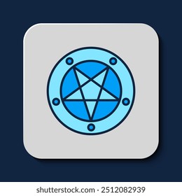 Filled outline Pentagram in a circle icon isolated on blue background. Magic occult star symbol.  Vector