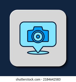 Filled outline Photo camera icon isolated on blue background. Foto camera. Digital photography.  Vector