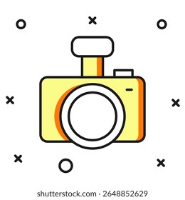 Contorno preenchido Ícone da câmera fotográfica isolado no fundo branco. Câmera fotográfica. Fotografia digital. Estilo de contorno preenchido plano com sombra. Vetor