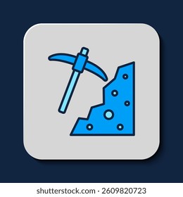 Filled outline Pickaxe icon isolated on blue background.  Vector