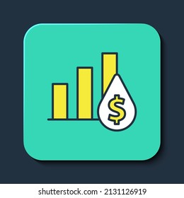 Gefüllte Umriss-Pie-Diagramm Infografik und Dollar Symbol einzeln auf blauem Hintergrund. Diagramm Diagramm Diagramm Zeichen. Türkisfarbener Quadrat-Button. Vektorgrafik