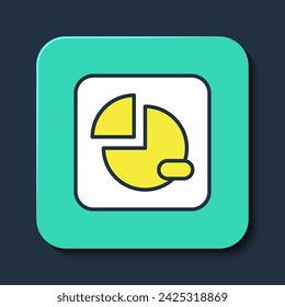 Icono de infografía de gráfico circular aislado sobre fondo azul. Signo de gráfico de diagrama. Botón cuadrado turquesa. Vector