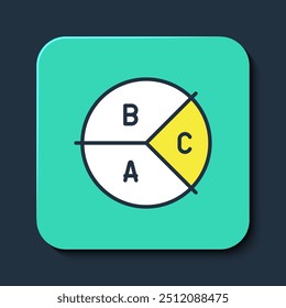 Filled outline Pie chart infographic icon isolated on blue background. Diagram chart sign. Turquoise square button. Vector