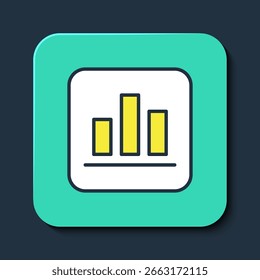 Icono lleno de la infografía del gráfico circular aislado en fondo azul. Signo de gráfico de diagrama. Botón cuadrado turquesa. Vector