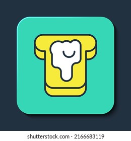 Filled outline Piece of bread with honey icon isolated on blue background. Toast with jam or honey. Turquoise square button. Vector