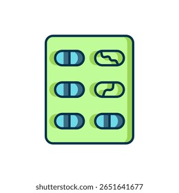 Contorno preenchido Pílulas em ícone de blister isolado no fundo branco. Pacote de medicamento para comprimidos, vitaminas, antibióticos, aspirina. Estilo de contorno preenchido plano com sombra. Vetor