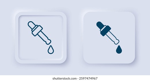 Filled and outline Pipette with oil icon isolated on grey background. Organic aromatherapy essence. Skin care serum glass drop package. Square button. Vector