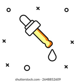 Contorno preenchido Pipeta com ícone de óleo isolado no fundo branco. Aroterapia orgânica essência. Embalagem de gotas de vidro de soro para cuidados da pele. Estilo de contorno preenchido plano com sombra. Vetor