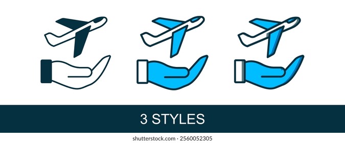 Filled outline Plane in hand icon isolated on white background. Flying airplane. Airliner insurance. Security, safety, protection, protect concept.  Vector