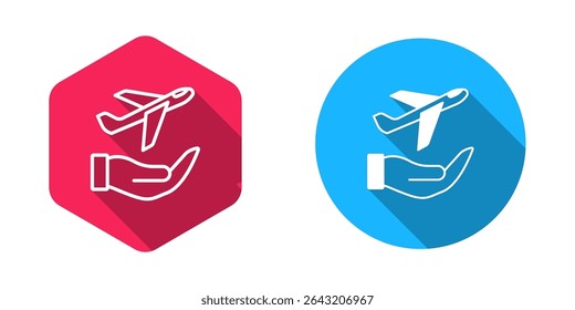 Filled and outline Plane in hand icon isolated with long shadow background. Flying airplane. Airliner insurance. Security, safety, protection, protect concept.  Vector