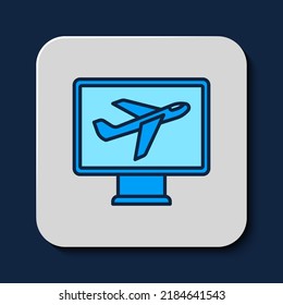 Filled outline Plane icon isolated on blue background. Flying airplane icon. Airliner sign.  Vector