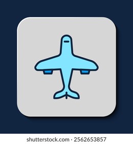 Filled outline Plane icon isolated on blue background. Flying airplane icon. Airliner sign.  Vector