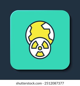 Filled outline Planet earth and radiation symbol icon isolated on blue background. Environmental concept. Turquoise square button. Vector