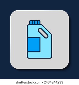 Filled outline Plastic bottle for laundry detergent, bleach, dishwashing liquid or another cleaning agent icon isolated on blue background.  Vector