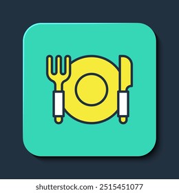 Filled outline Plate, fork and knife icon isolated on blue background. Cutlery symbol. Restaurant sign. Turquoise square button. Vector
