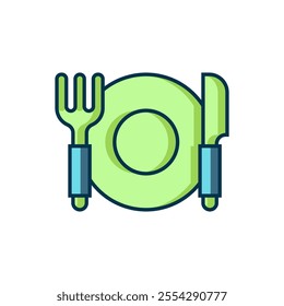 Filled outline Plate, fork and knife icon isolated on white background. Cutlery symbol. Restaurant sign. Flat filled outline style with shadow. Vector